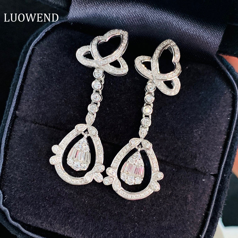 LUOWEND 18K White Gold Real Natural Diamond Drop Earrings for Women