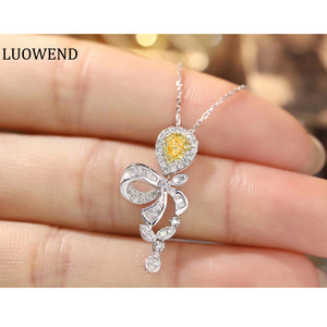 LUOWEND 18K White Gold Real Natural Yellow Diamond Pendant Necklace for Women