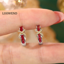 Load image into Gallery viewer, LUOWEND 18K White and Yellow Gold Real Natural Ruby and Diamond Gemstone Earrings for Women
