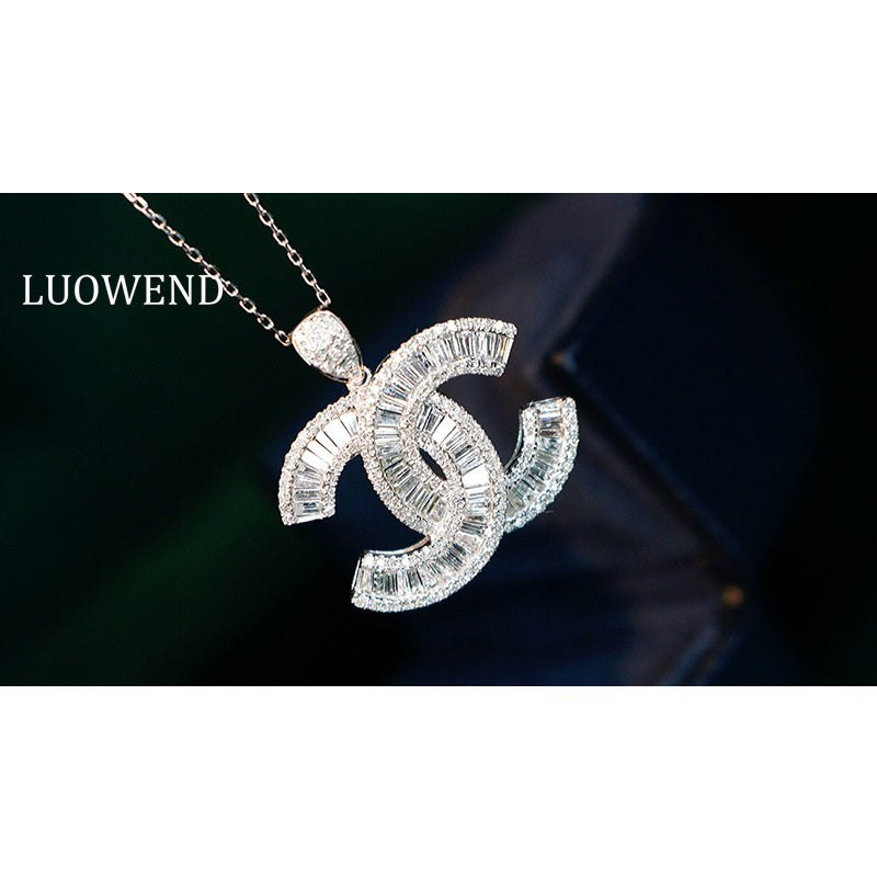 LUOWEND 18K White Gold Medium Size Natural Diamond Necklace for Women