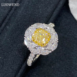 LUOWEND 18K White and Yellow Gold Real Natural Yellow Diamond Ring for Women