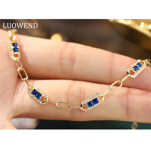 LUOWEND 18K Yellow Gold Real Natural Sapphire and Diamond Gemstone Bracelet for Women