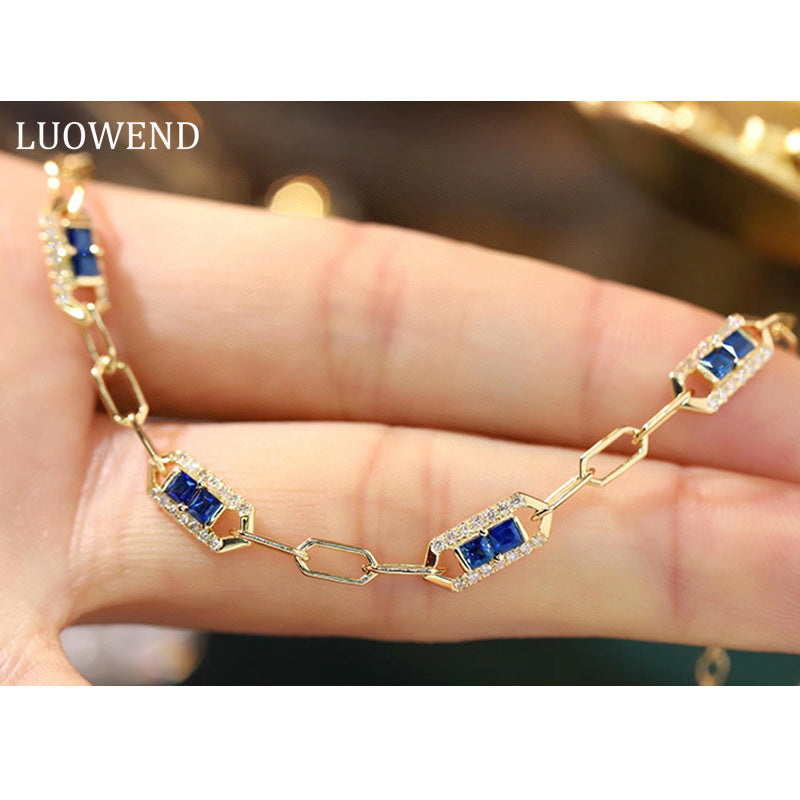 LUOWEND 18K Yellow Gold Real Natural Sapphire and Diamond Gemstone Bracelet for Women