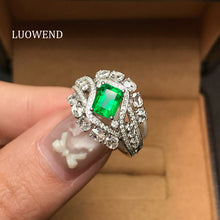 Load image into Gallery viewer, LUOWEND 18K White Gold Natural Emerald Ring for Women
