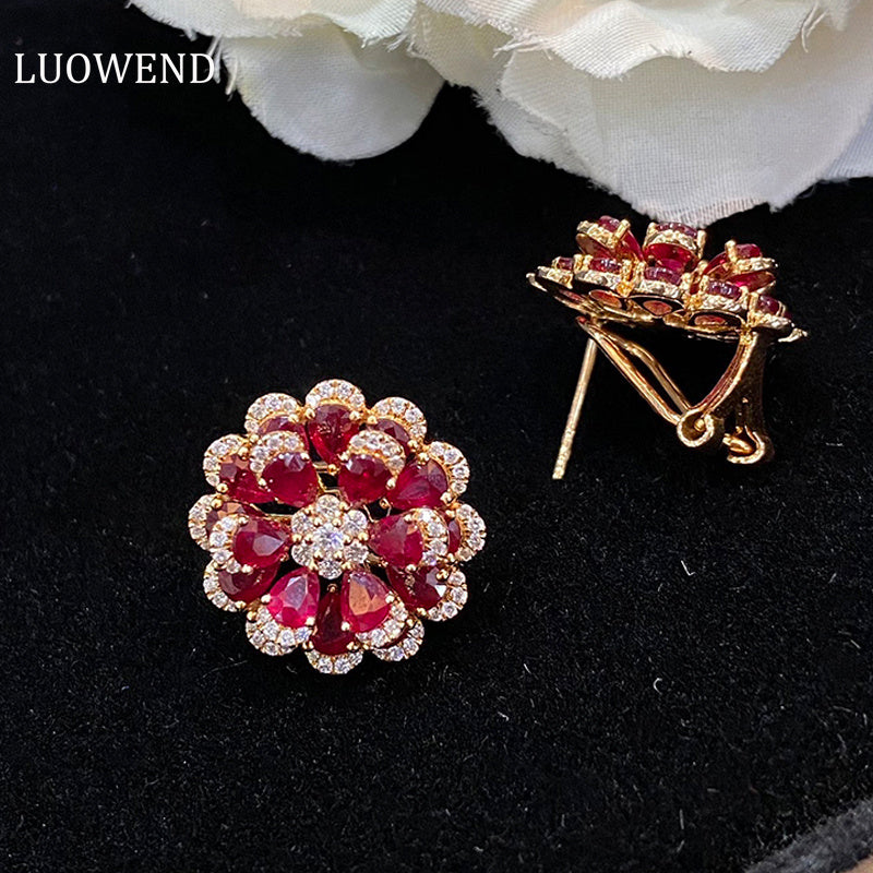 LUOWEND 18K Rose Gold Real Natural Ruby Gemstone Earrings for Women