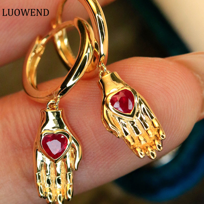 LUOWEND 18K Yellow Gold Real Natural Ruby Gemstone Earrings for Women
