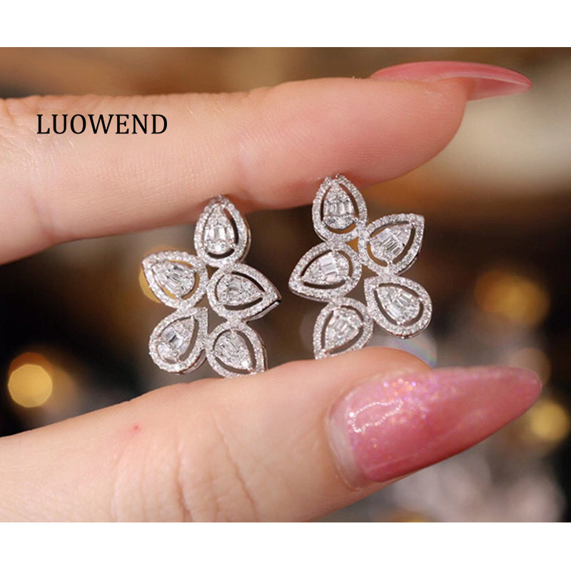 LUOWEND 18K White Gold Real Natural Diamond Stud Earrings for Women