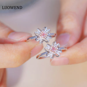LUOWEND 18K White Gold Real Natural Pink Diamond Ring for Women