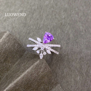 LUOWEND 18K White Gold Natural Diamond and Sapphire Ring for Women