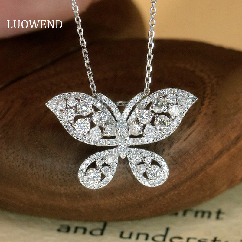 LUOWEND 18K White Gold Natural Diamond Pendant Necklace for Women