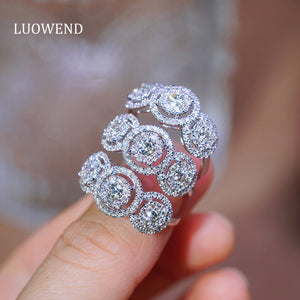 LUOWEND 18K White Gold Real Natural Diamond Ring for Women