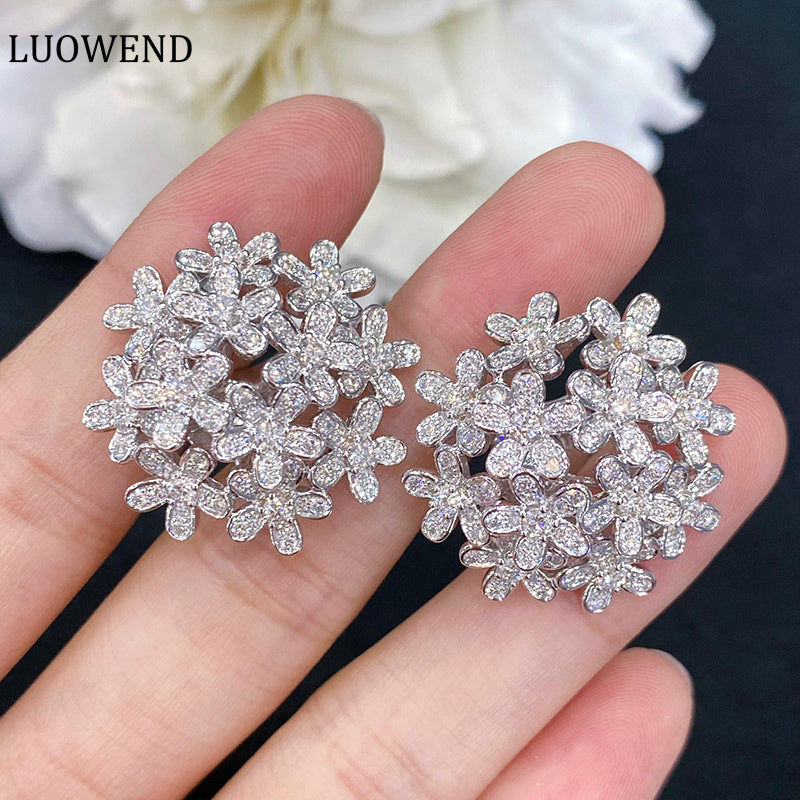 LUOWEND  18K White Gold Real Natural Diamond Hoop Earrings for Women