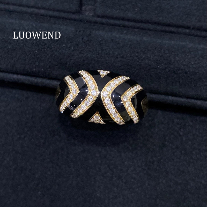 LUOWEND 18K Yellow Gold Natural Diamond Ring for Women