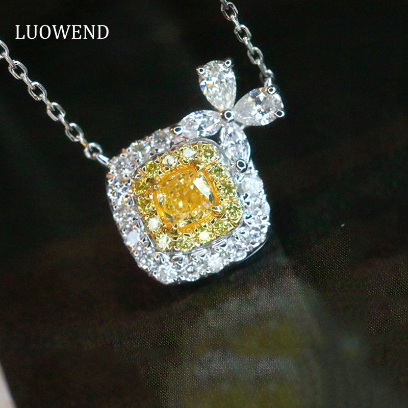 LUOWEND 18K White Gold Real Natural Yellow Diamond Pendant Necklace for Women