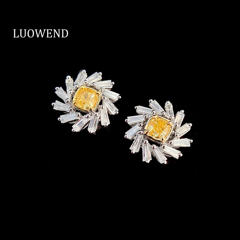 LUOWEND 18K White Gold Natural Yellow Diamond Earrings for Women