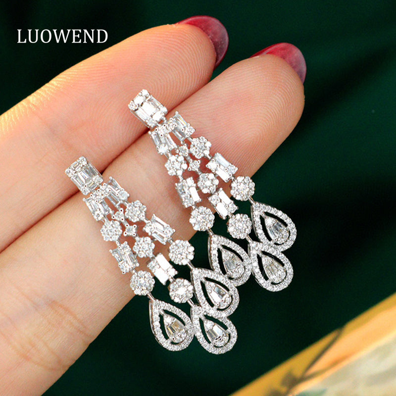 LUOWEND 18K White Gold Real Natural Diamond Drop Earrings for Women