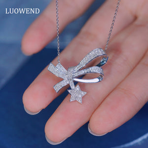 LUOWEND 18K White Gold Real Natural Diamond Pendant Necklace for Women