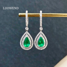 Load image into Gallery viewer, LUOWEND 18K White Gold Real Natural Diamond and Emerald Earrings for Women
