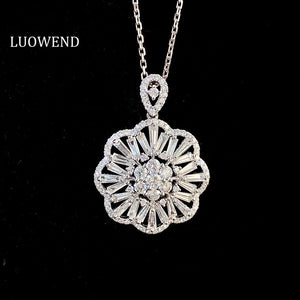 LUOWEND 18K White Gold Real Natural Diamond Pendant Necklace for Women