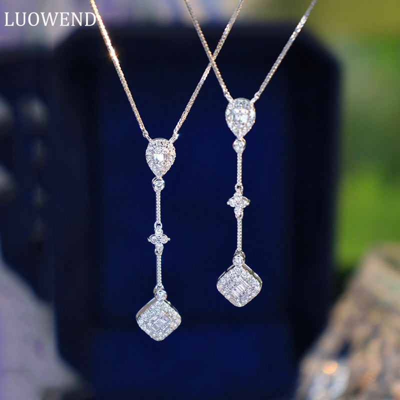 LUOWEND 18K White Gold Real Natural Diamond Pendant Necklace for Women