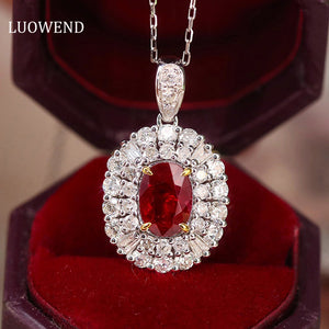 LUOWEND 18K White and Yellow Gold Real Natural Ruby and Diamond Gemstone Necklace for Women