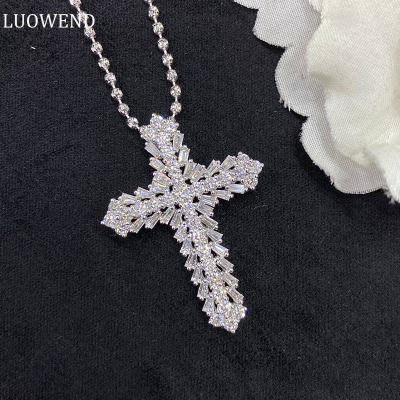 LUOWEND 18K White Gold Real Natural Diamond Pendant Necklace for Women