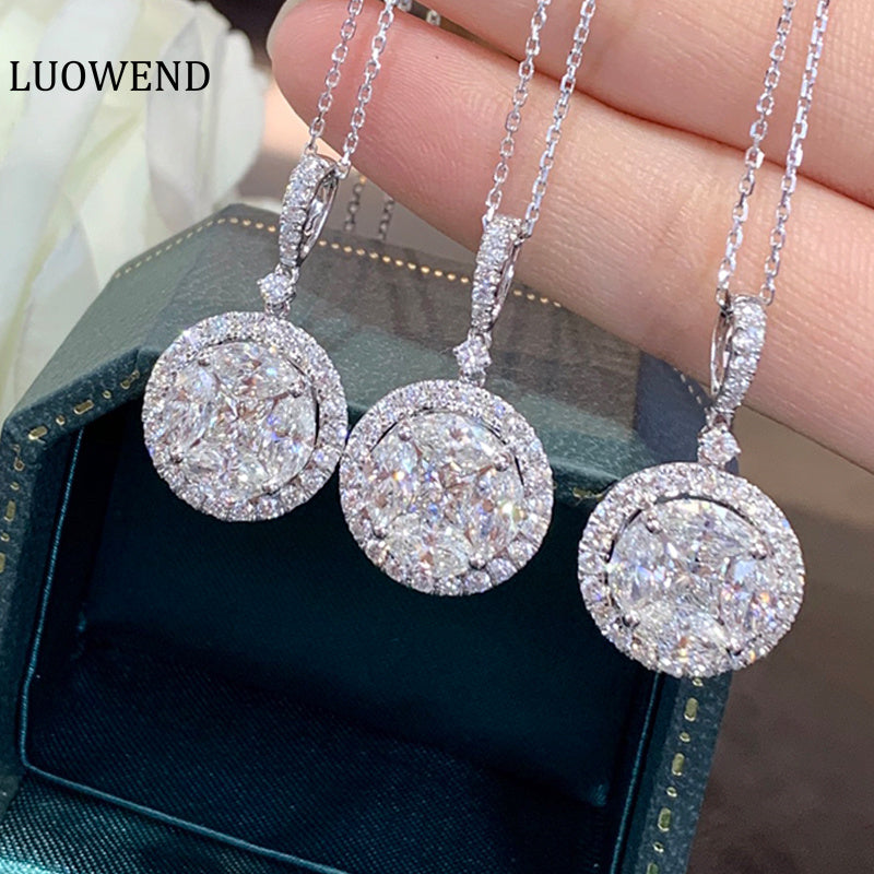 LUOWEND 18K White Gold Real Natural Diamond Pendant Necklace for Women