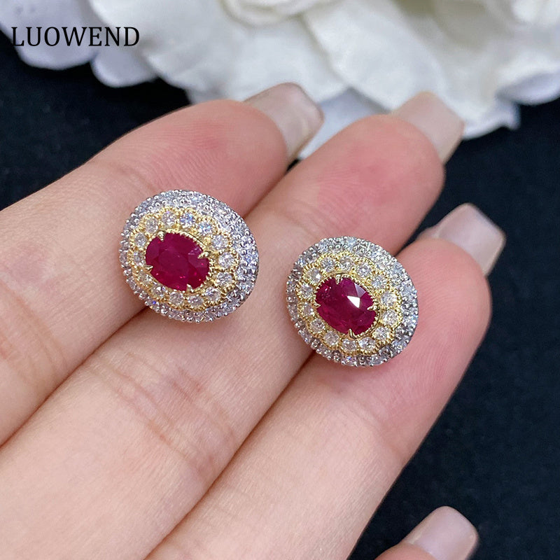 LUOWEND 18K White and Yellow Gold Real Natural Ruby Gemstone Earrings for Women