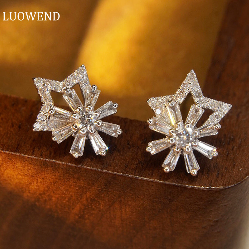 LUOWEND 18K White Gold Real Natural Diamond Stud Earrings for Women