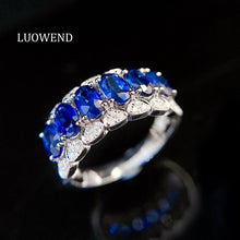 Load image into Gallery viewer, LUOWEND 18K White Gold Real Natural Diamond and Sapphire Ring for Women

