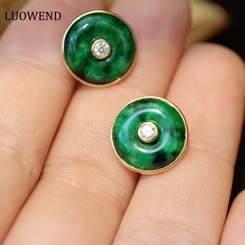 LUOWEND 18K Yellow Gold Real Natural Diamond and Jadeite Gemstone Earrings for Women