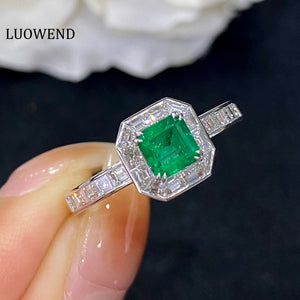 LUOWEND 18K White Gold Real Natural Emerald Gemstone Ring for Women