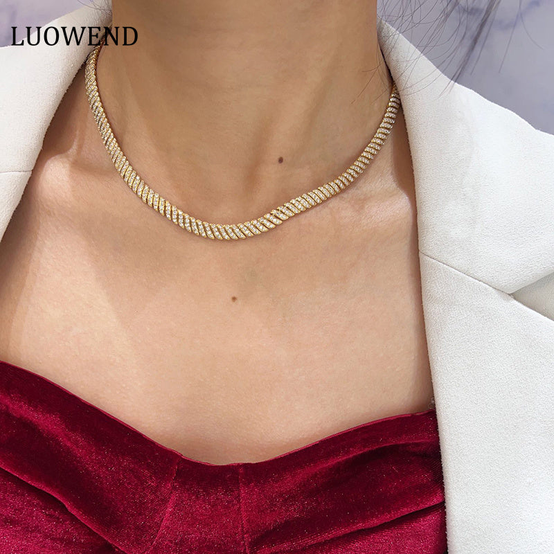 LUOWEND 18K Yellow Gold Real Natural Diamond Necklace for Women