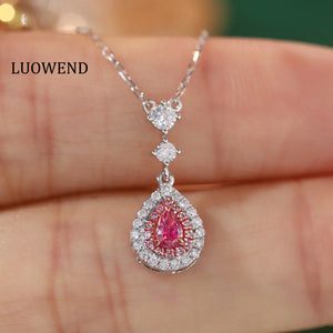 LUOWEND 18K White Gold Real Natural Pink Diamond Necklace for Women