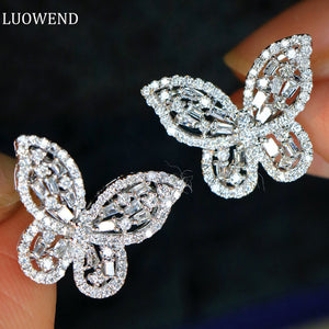LUOWEND 18K White Gold Real Natural Diamond Stud Earrings for Women