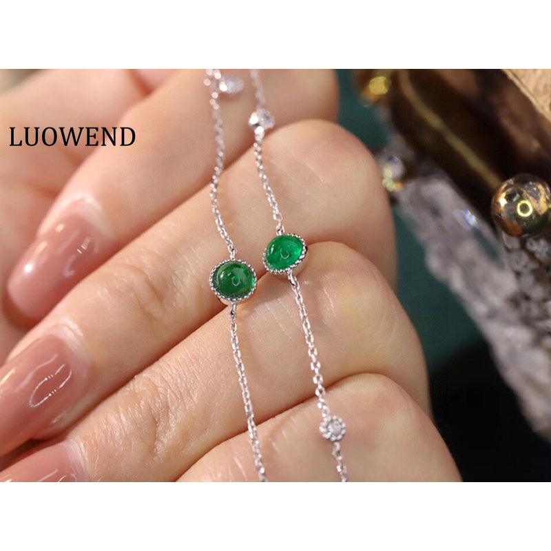 LUOWEND 18K White Gold Real Natural Emerald and Diamond Bracelet for Women