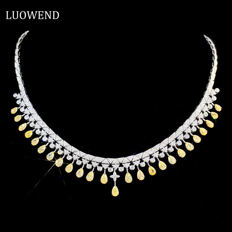 LUOWEND 18K White Gold Real Natural Yellow Diamond Necklace for Women