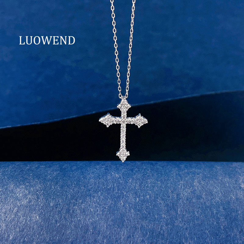 LUOWEND 18K White Gold Natural Diamond Pendant Necklace for Women