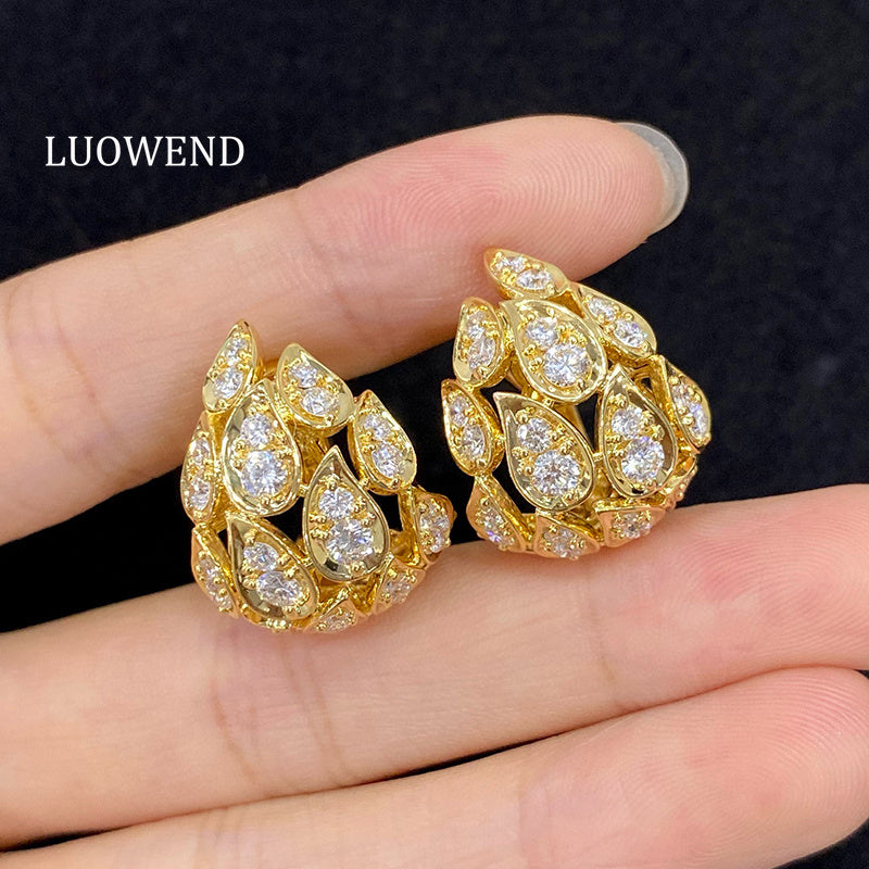 LUOWEND 18K Yellow Gold Natural Diamond Earrings for Women
