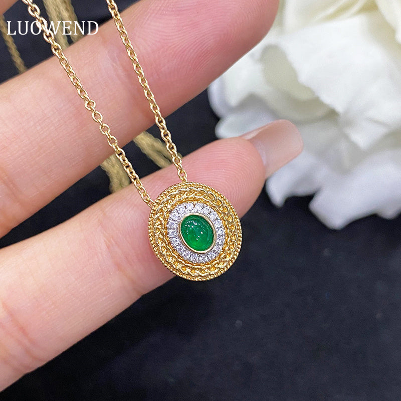 LUOWEND 18K White and Yellow Gold Real Natural Emerald Gemstone Necklace for Women