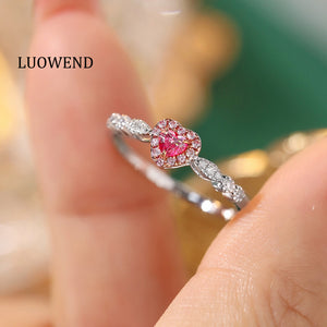 LUOWEND 18K White Gold Real Natural Pink Diamond Ring for Women