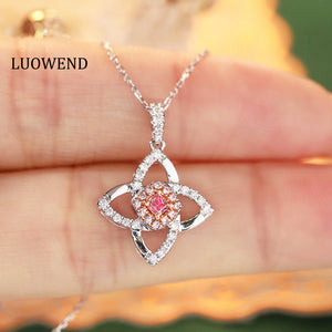 LUOWEND 18K White Gold Real Natural Pink Diamond Pendant Necklace for Women