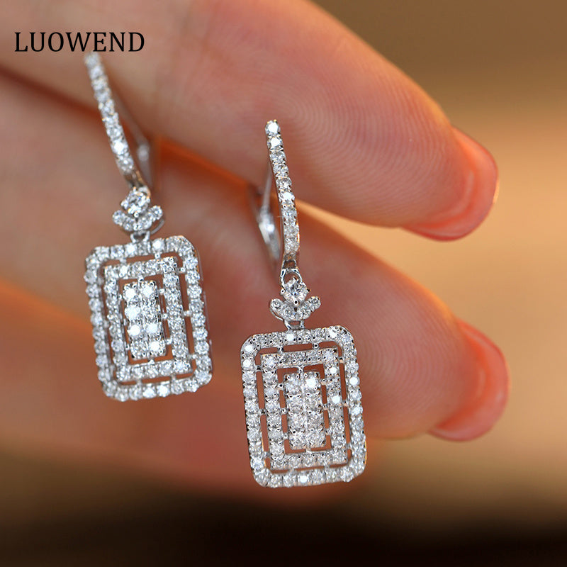 LUOWEND 18K White Gold Real Natural Diamond Drop Earrings for Women