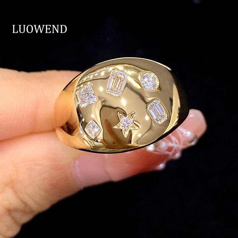 LUOWEND 18K Yellow Gold Real Natural Diamond Ring for Women