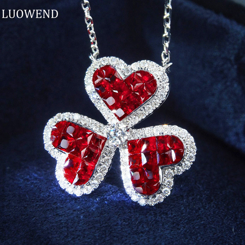 LUOWEND 18K White Gold Real Natural Ruby and Diamond Gemstone Necklace for Women