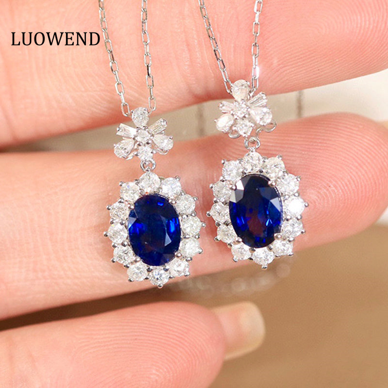 LUOWEND 18K White Gold Real Natural Sapphire and Diamond Gemstone Necklace for Women