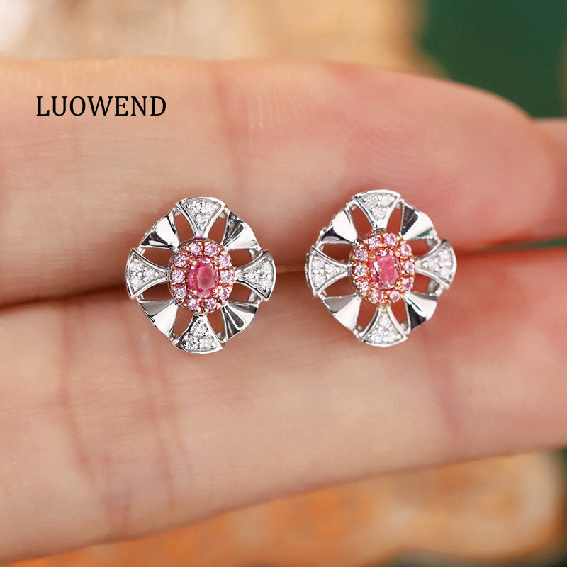 LUOWEND 18K White Gold Real Natural Pink Diamond Earrings for Women