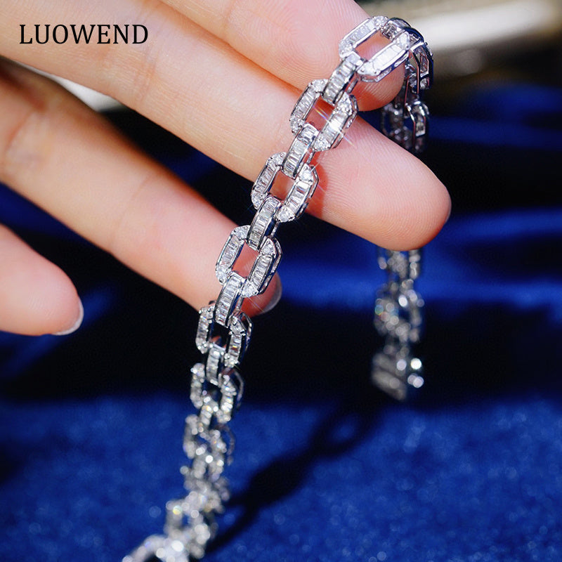 LUOWEND 18K White Gold Real Natural Diamond Bracelet for Women