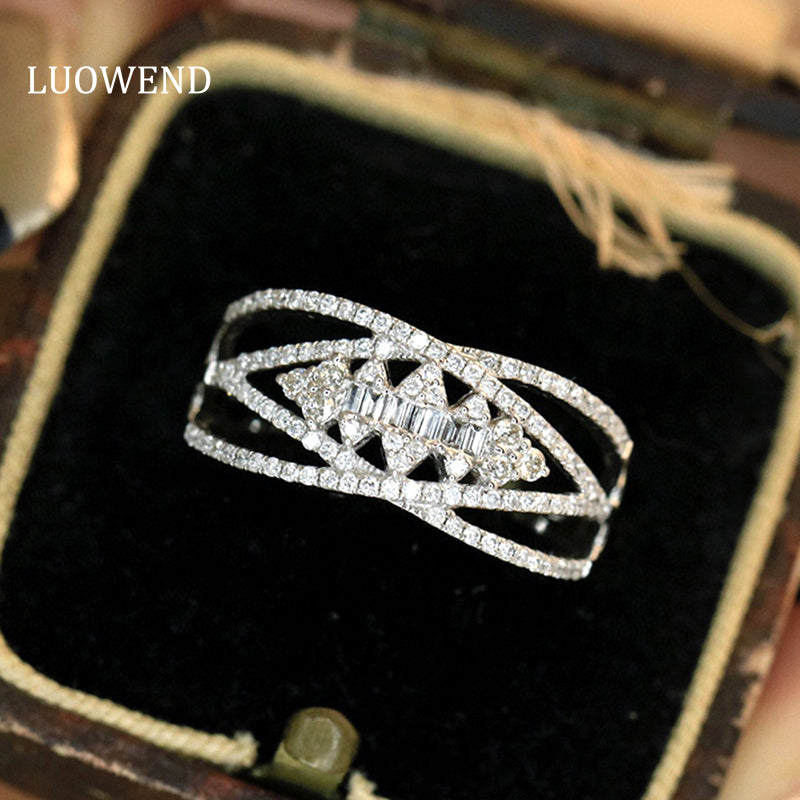 LUOWEND 18K White Gold Real Natural Diamond Ring for Women