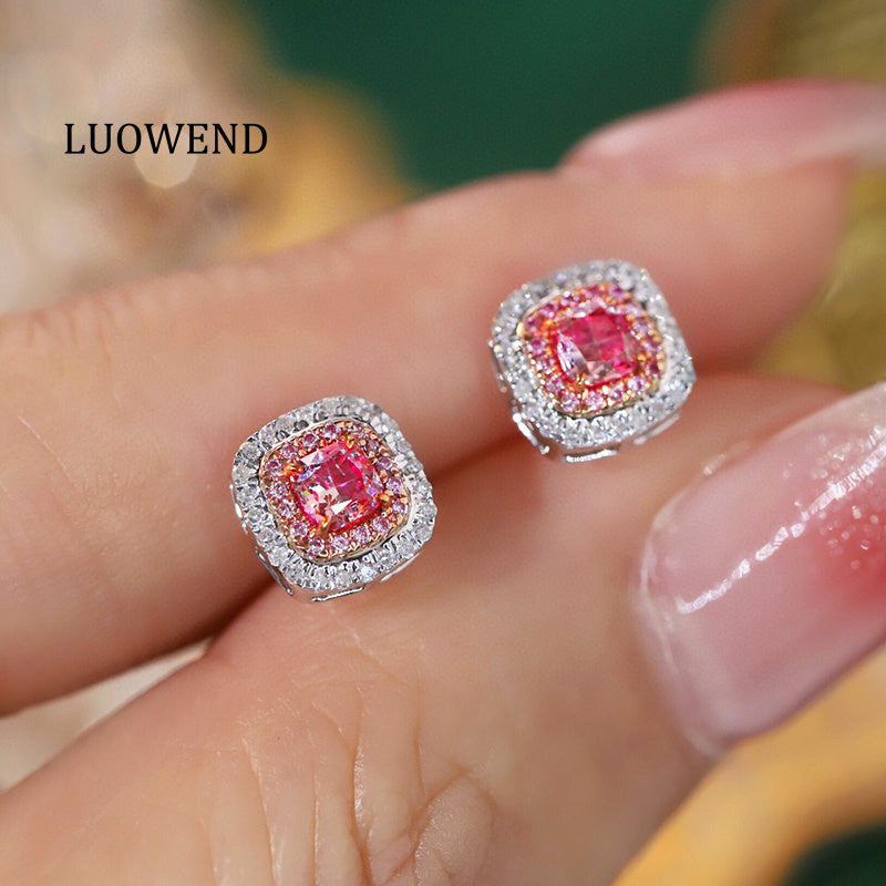 LUOWEND 18K White Gold Real Natural Pink Diamond Earrings for Women